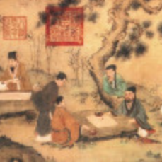 An ancient-style Chinese painting depicting scholars seated outdoors under a tree, engaged in conversation and writing at low tables, with calligraphy panels hanging in the background.
